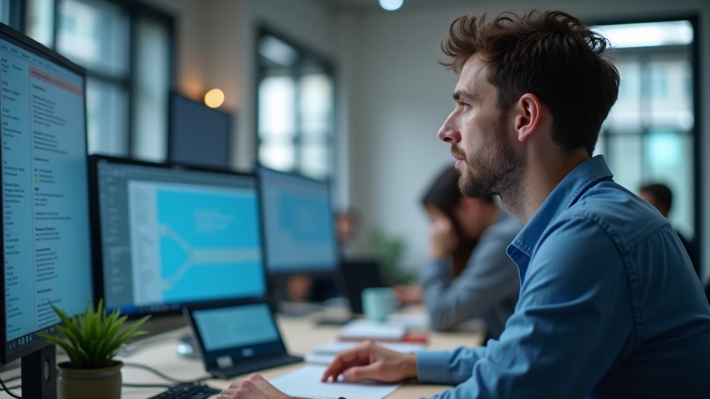 Designér ukazuje na monitor s wireframe layoutem, kolegové se dívají, týmová práce v SkiceLab studiu