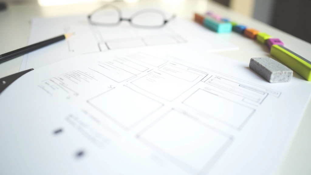 Papírové náčrty a wireframe skici na stole s tužkou, gumy a barevnými zvýrazňovači