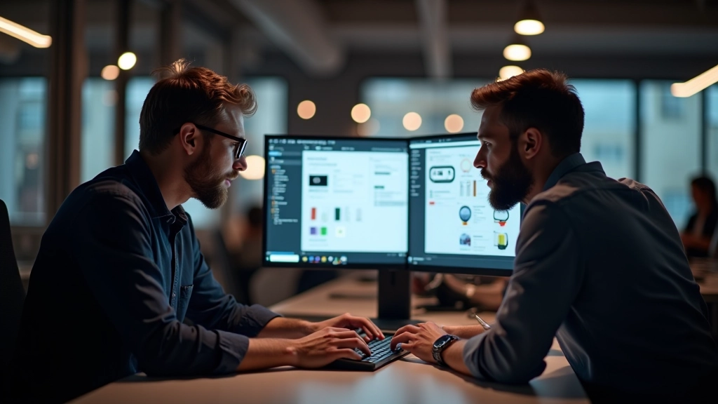 Dva designéři hledí na monitor s Figma projektem, pracují spolu na společném dokumentu